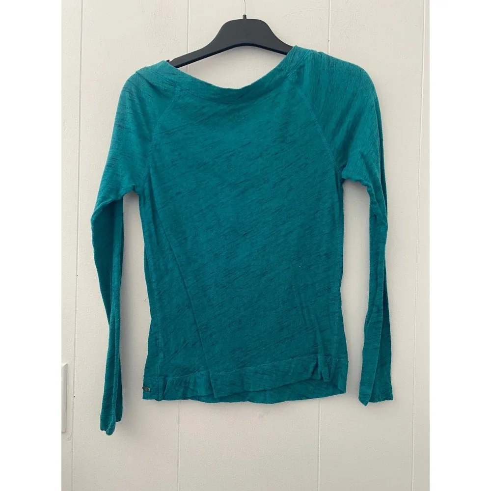 Alo Yoga Womens XS‎ Teal Blue Slub Knit Long Sleeve V-Neck Cotton T-Shirt